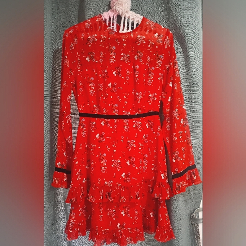 Lalas Size Small Floral to See Red Floral Print Long Sleeve Mini Dress